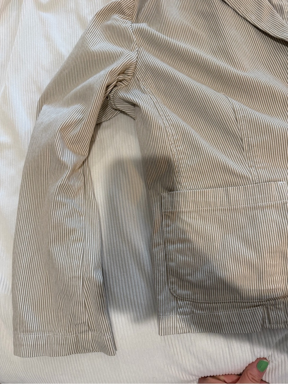 Talbots Stretch Pinstripe Blazer Jacket Tan White Cotton Women's 12 Two Button - Picture 6 of 8